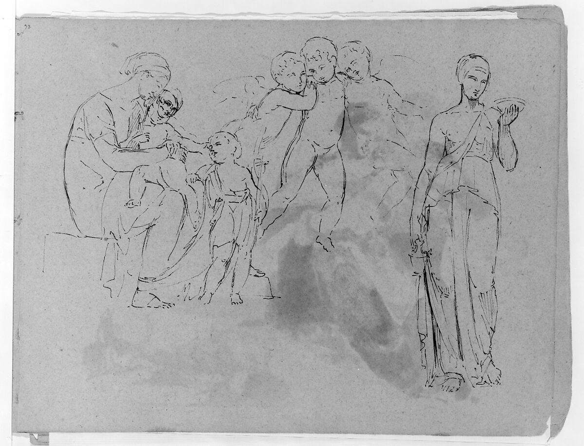 Madonna With Christ and John Baptist [?]; Three Cherubs; Standing Classical Female Figure, Holding Bowl (from Sketchbook), Thomas Sully (American, Horncastle, Lincolnshire 1783–1872 Philadelphia, Pennsylvania), Ink, wash, on paper, American 