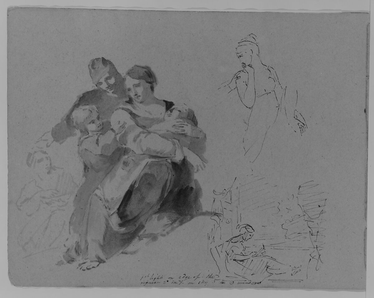 Holy Family et al. [?]; Turning Female Figure, Half Length; Woman Seated at Window (from Sketchbook), Thomas Sully (American, Horncastle, Lincolnshire 1783–1872 Philadelphia, Pennsylvania), Ink, wash, on paper, American 