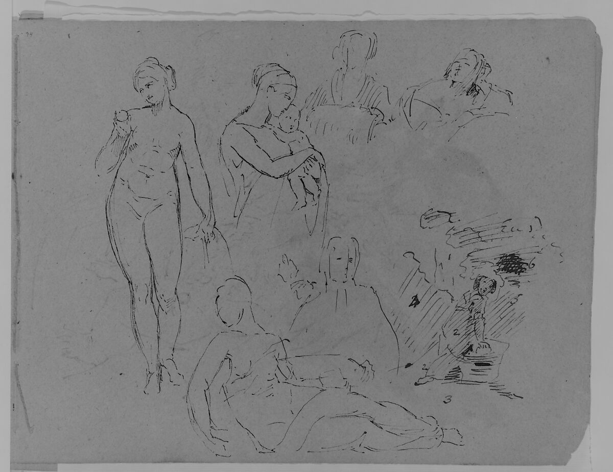 Seven Figure Sketches: Standing Female Nude with Fruit; Madonna and Child (?); Two Female Busts; Recumbent Semi-nude Figure, etc. (from Sketchbook), Thomas Sully (American, Horncastle, Lincolnshire 1783–1872 Philadelphia, Pennsylvania), Ink, wash, on paper, American 