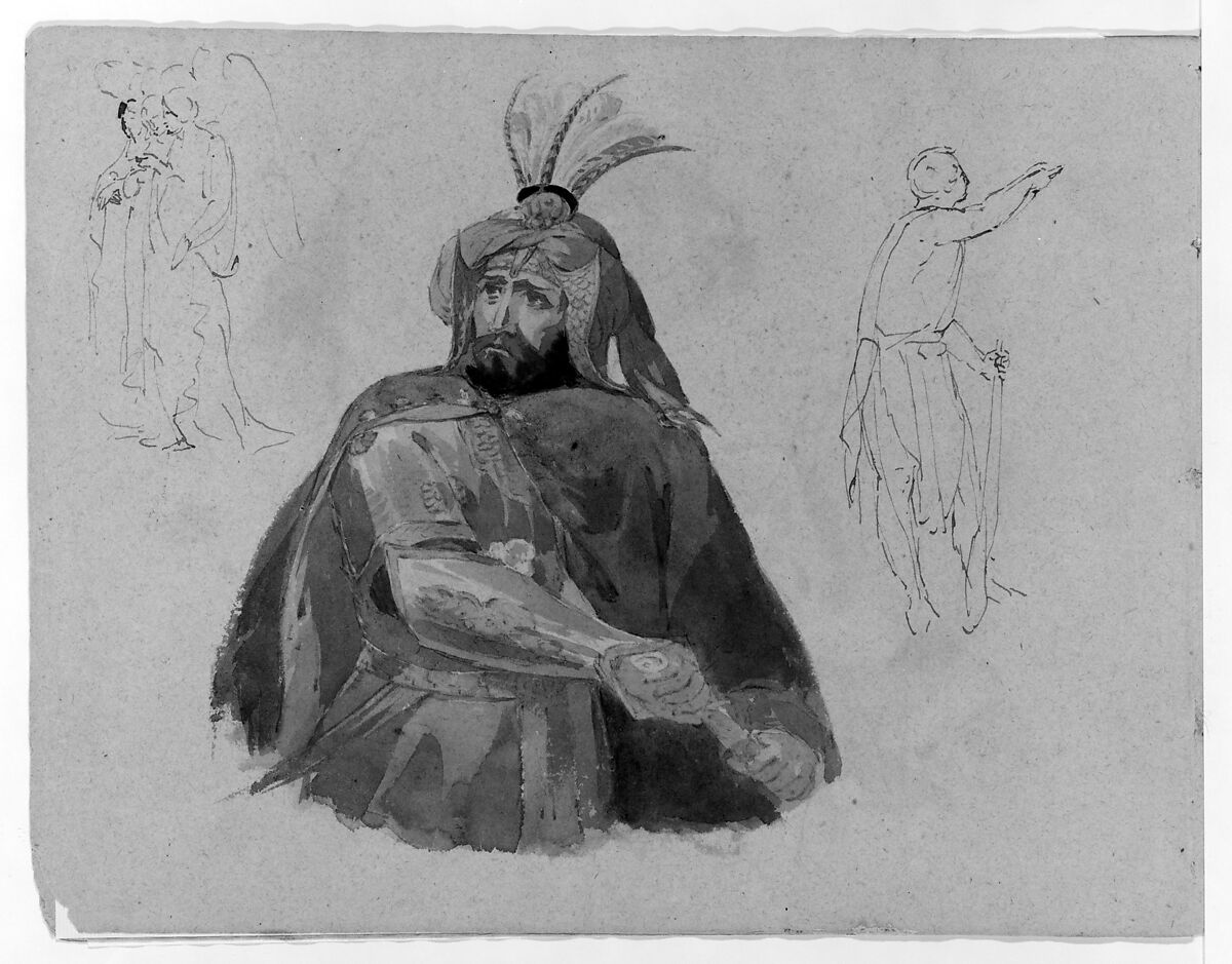Half-length Bearded Man in Armor and Cape, Drawing Sword (Macbeth?); Three Standing Angels (or Witches?); Male Figure in Skins (from Sketchbook), Thomas Sully (American, Horncastle, Lincolnshire 1783–1872 Philadelphia, Pennsylvania), Ink, wash, on paper, American 