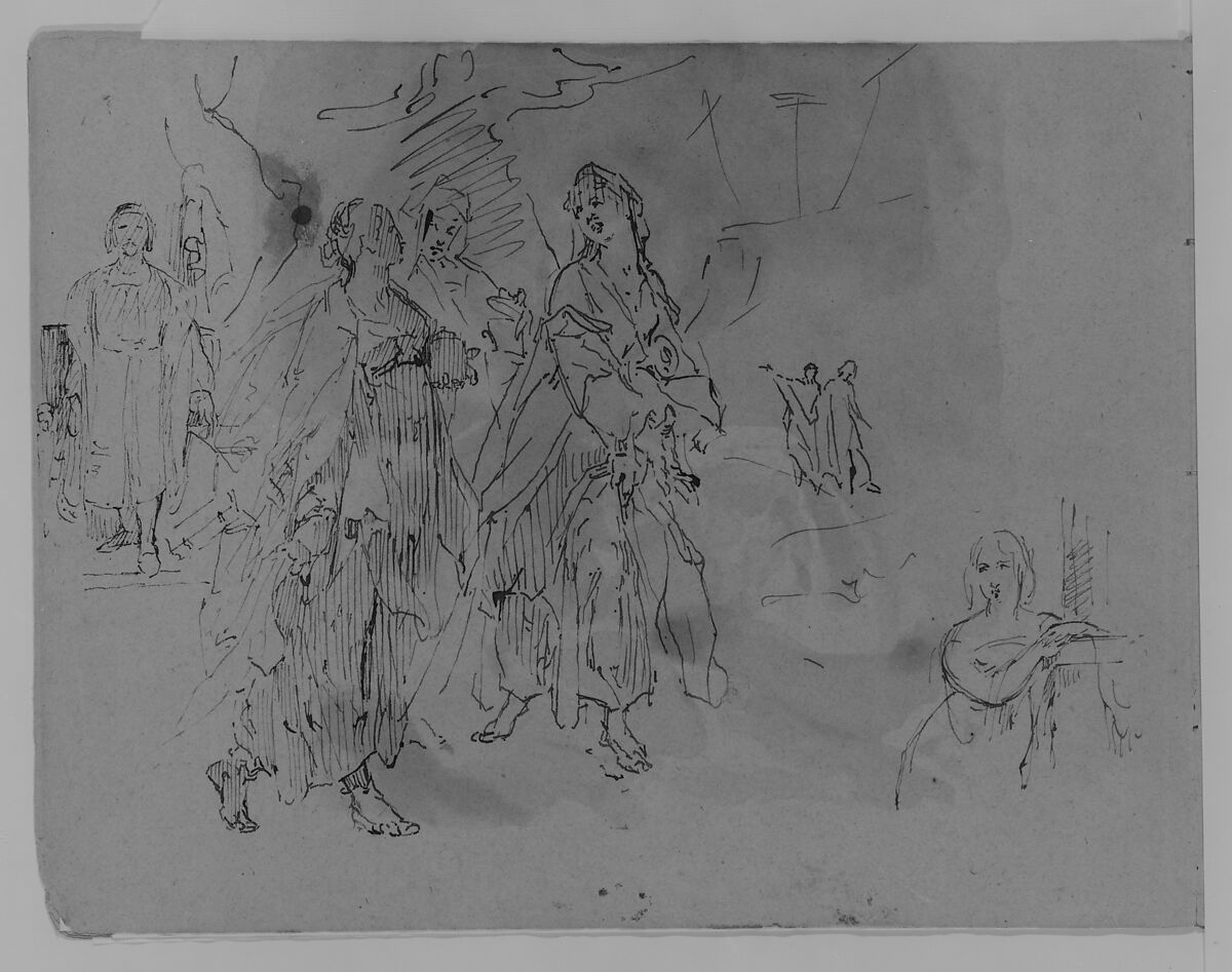 Seven Figures: Advancing Monarch, Three Promenading Women, Half-length Woman Leaning on a Mantelpiece (from Sketchbook), Thomas Sully (American, Horncastle, Lincolnshire 1783–1872 Philadelphia, Pennsylvania), Ink, wash, on paper, American 