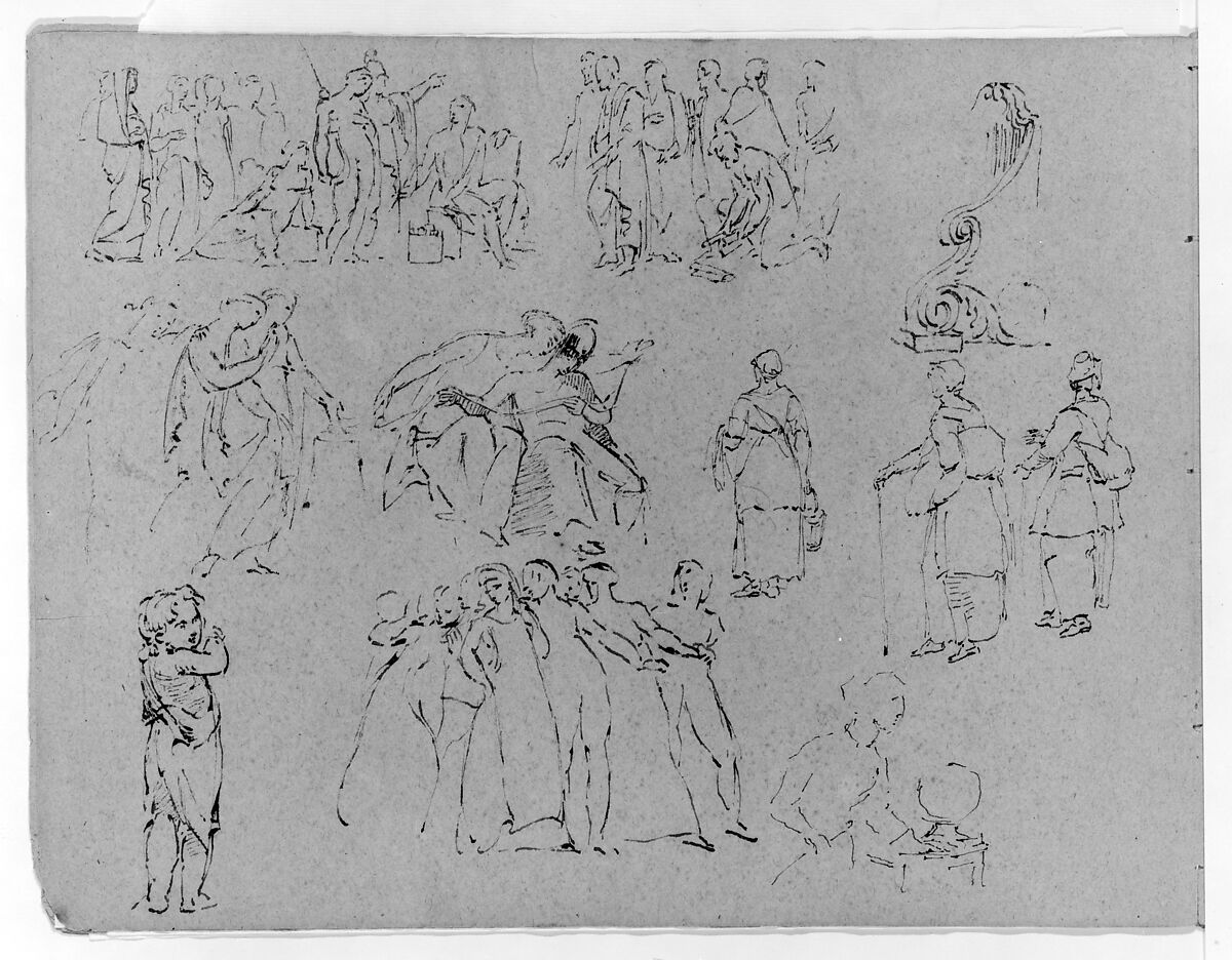 Sketches of Friezes and Groups of Figures in Three Tiers, Some Antique, Some 16th and 17th Century Genre (from Sketchbook), Thomas Sully (American, Horncastle, Lincolnshire 1783–1872 Philadelphia, Pennsylvania), Ink, wash, on paper, American 