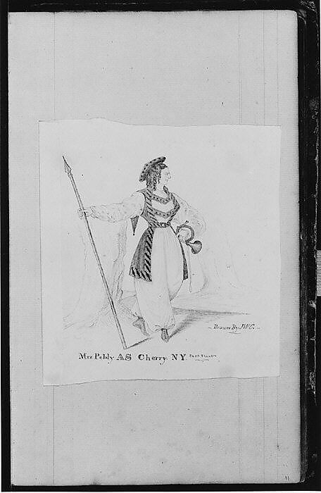 "Mrs. Pebly As Cherry. NY. Park Theatre" (from Sketchbook), John William Casilear (American, New York 1811–1893 Saratoga Springs, New York), Graphite, pen, ink, and watercolor on paper, American 