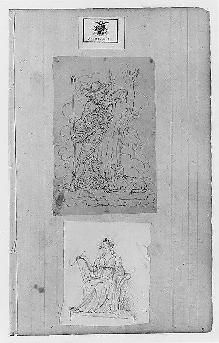 Engraving, Shepard Boy with Dog, Seated Female Figure (from Sketchbook), John William Casilear (American, New York 1811–1893 Saratoga Springs, New York), Graphite, pen, ink, and watercolor on paper, American 