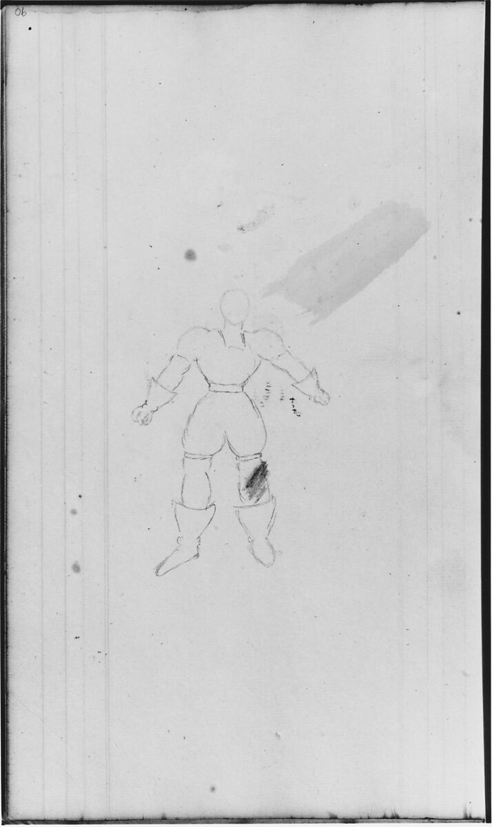 Male Figure (in Armor?) (from Sketchbook), John William Casilear (American, New York 1811–1893 Saratoga Springs, New York), Graphite, pen, ink, and watercolor on paper, American 