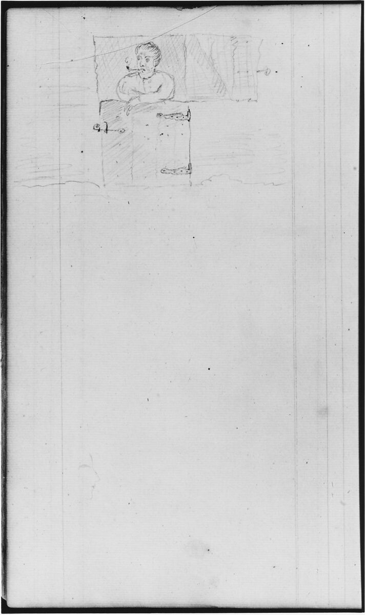 Man with Pipe Standing Behind (Barn) Door (from Sketchbook), John William Casilear (American, New York 1811–1893 Saratoga Springs, New York), Graphite, pen, ink, and watercolor on paper, American 