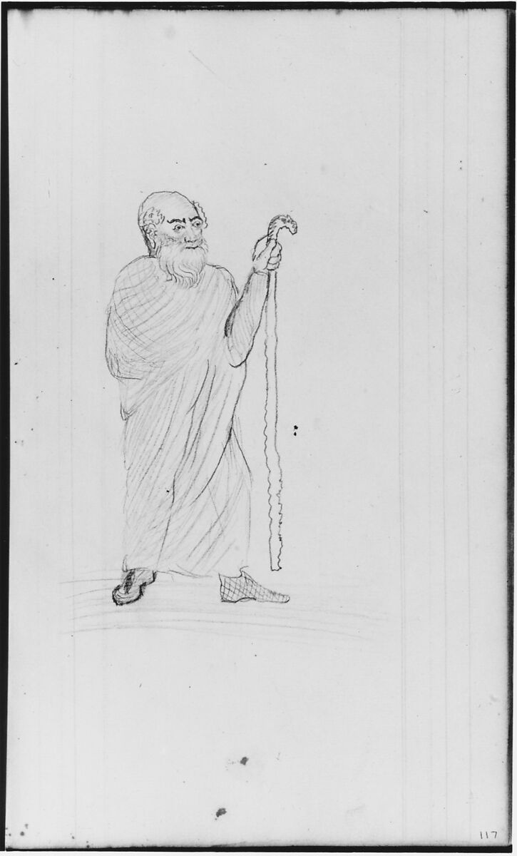 Old Man with Staff (from Sketchbook), John William Casilear (American, New York 1811–1893 Saratoga Springs, New York), Graphite, pen, ink, and watercolor on paper, American 