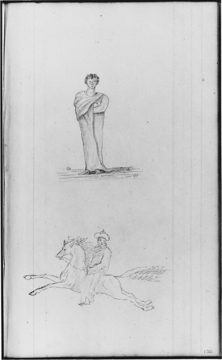 Standing Male Figure; Male Figure on a Horse (from Sketchbook), John William Casilear (American, New York 1811–1893 Saratoga Springs, New York), Graphite, pen, ink, and watercolor on paper, American 