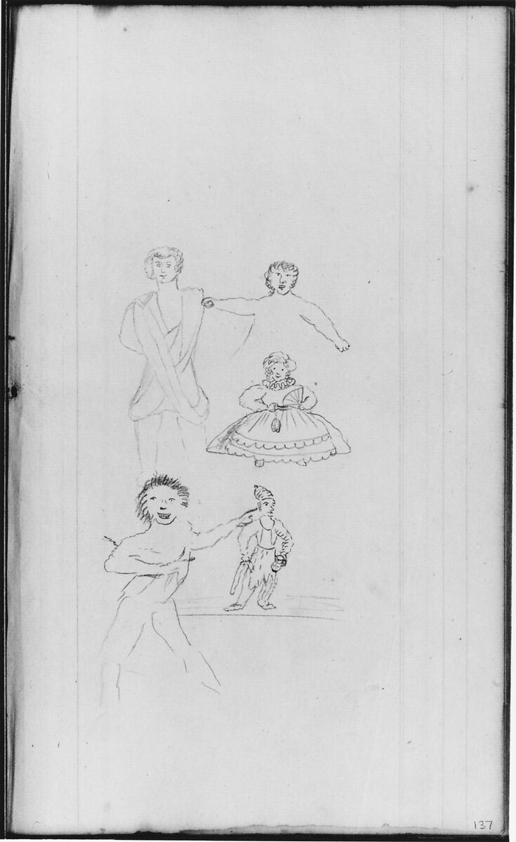 Five Various Figures (from Sketchbook), John William Casilear (American, New York 1811–1893 Saratoga Springs, New York), Graphite, pen, ink, and watercolor on paper, American 