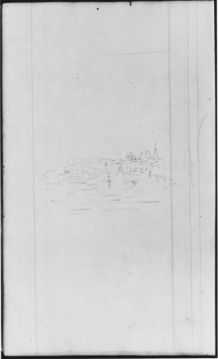 Landscape, River and Town (from Sketchbook), John William Casilear (American, New York 1811–1893 Saratoga Springs, New York), Graphite, pen, ink, and watercolor on paper, American 