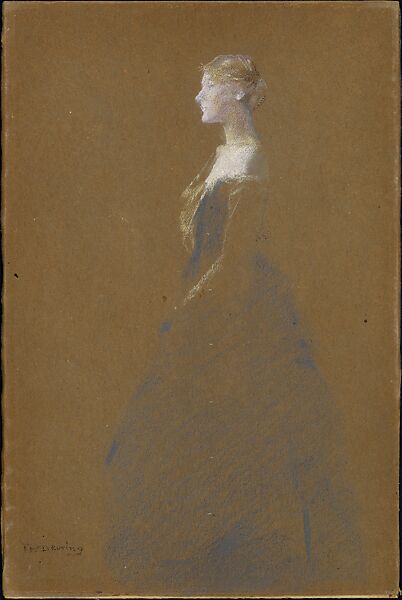 Woman in a Blue Dress, Thomas Wilmer Dewing (American, 1851–1938), Pastel on brown wove paper, mounted on wood board, American 
