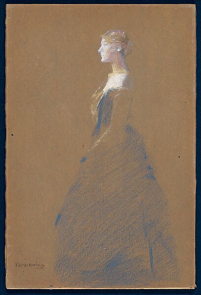 Woman in a Blue Dress, Thomas Wilmer Dewing (American, 1851–1938), Pastel on brown wove paper, mounted on wood board, American