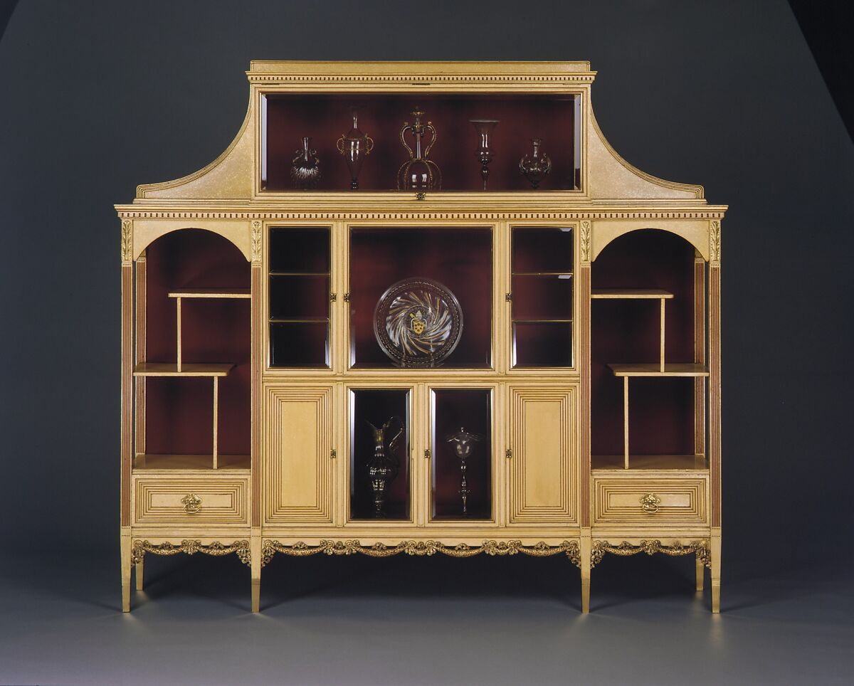Cabinet, Attributed to Herter Brothers (German, active New York, 1864–1906), Maple, with painted and gilded surface, bevelled glass, silk velvet, brass, American