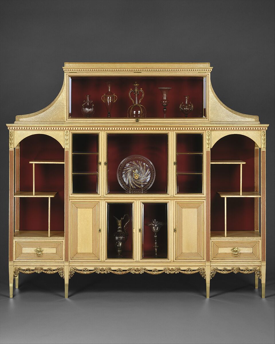 Cabinet, Attributed to Herter Brothers (German, active New York, 1864–1906), Maple, with painted and gilded surface, bevelled glass, silk velvet, brass, American 