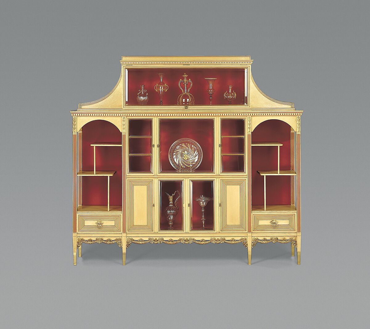 Cabinet, Attributed to Herter Brothers (German, active New York, 1864–1906), Maple, with painted and gilded surface, bevelled glass, silk velvet, brass, American