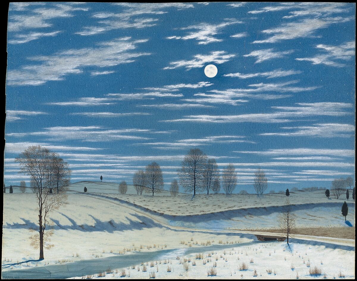 Winter Scene in Moonlight, Henry Farrer (American, London 1844–1903 New York), Watercolor and gouache on white wove paper, American 