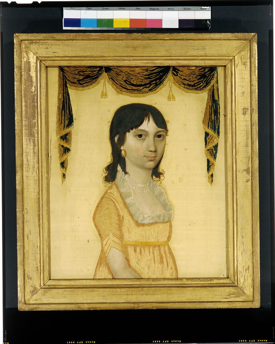 Memorial Portrait of Catharine Schultz (1789-1832), Oil paint and silk thread on silk, American