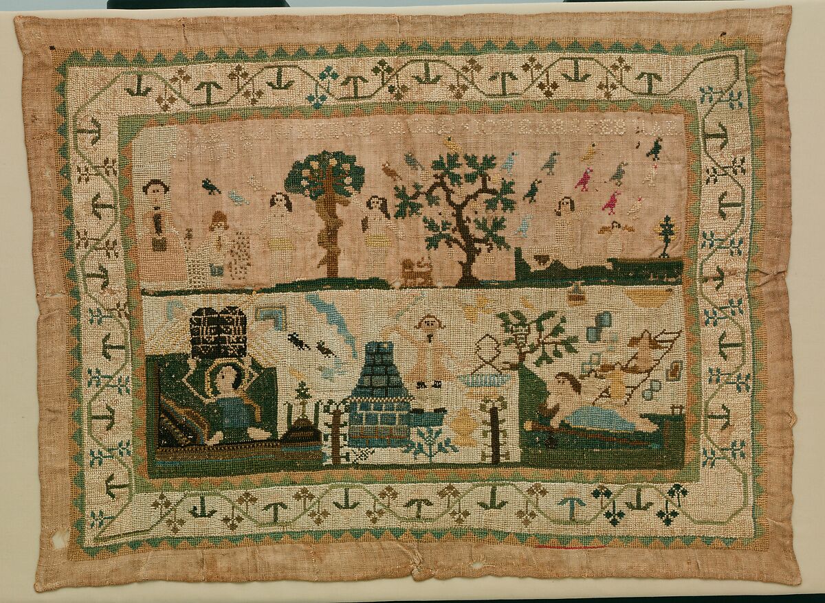 Embroidered sampler, Sarah Lawrence, Embroidered silk on linen, American 