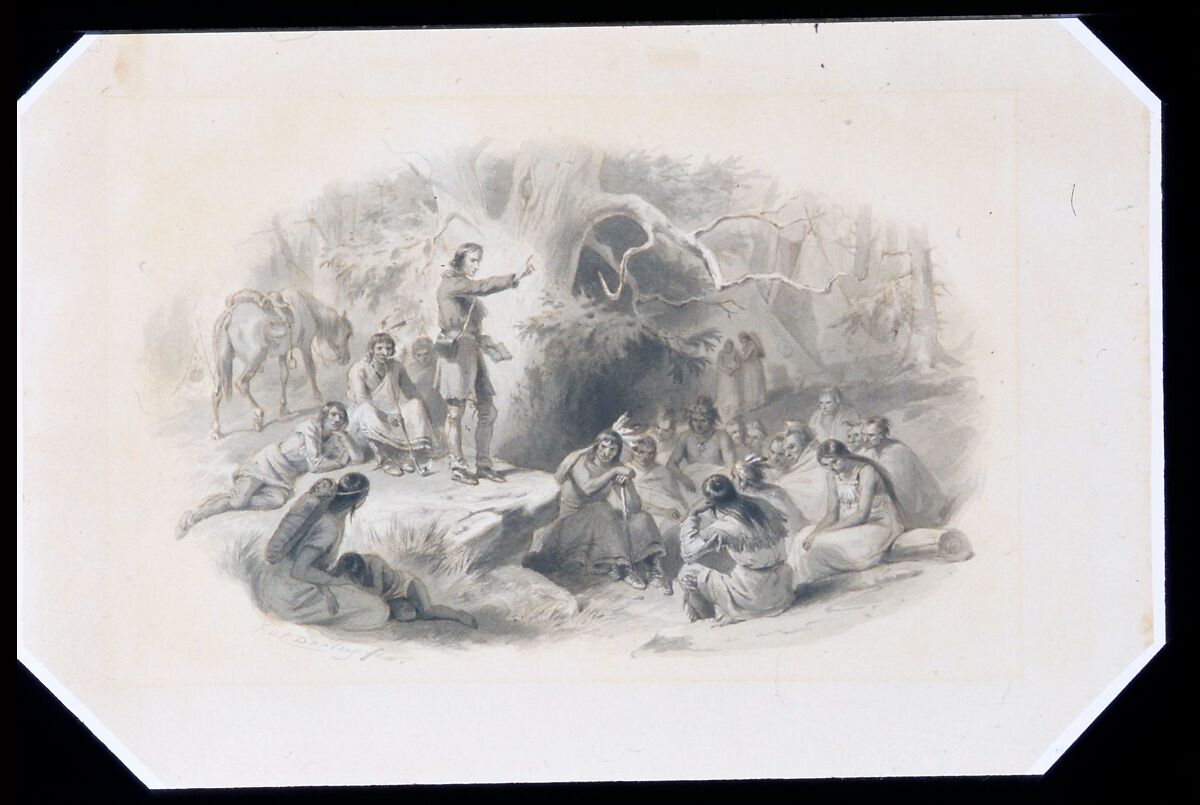 John Eliot Preaching to the Indians, Felix Octavius Carr Darley (American, Philadelphia, Pennsylvania 1822–1888 Claymont, Delaware), Ink washes, graphite, gum arabic, and sgraffito on smooth-surfaced off-white wove paper, American