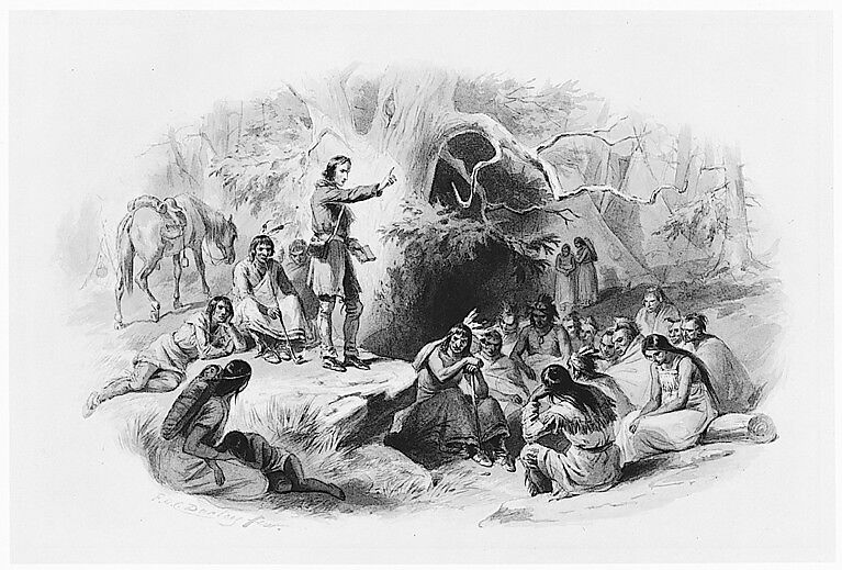 John Eliot Preaching to the Indians, Felix Octavius Carr Darley (American, Philadelphia, Pennsylvania 1822–1888 Claymont, Delaware), Ink washes, graphite, gum arabic, and sgraffito on smooth-surfaced off-white wove paper, American