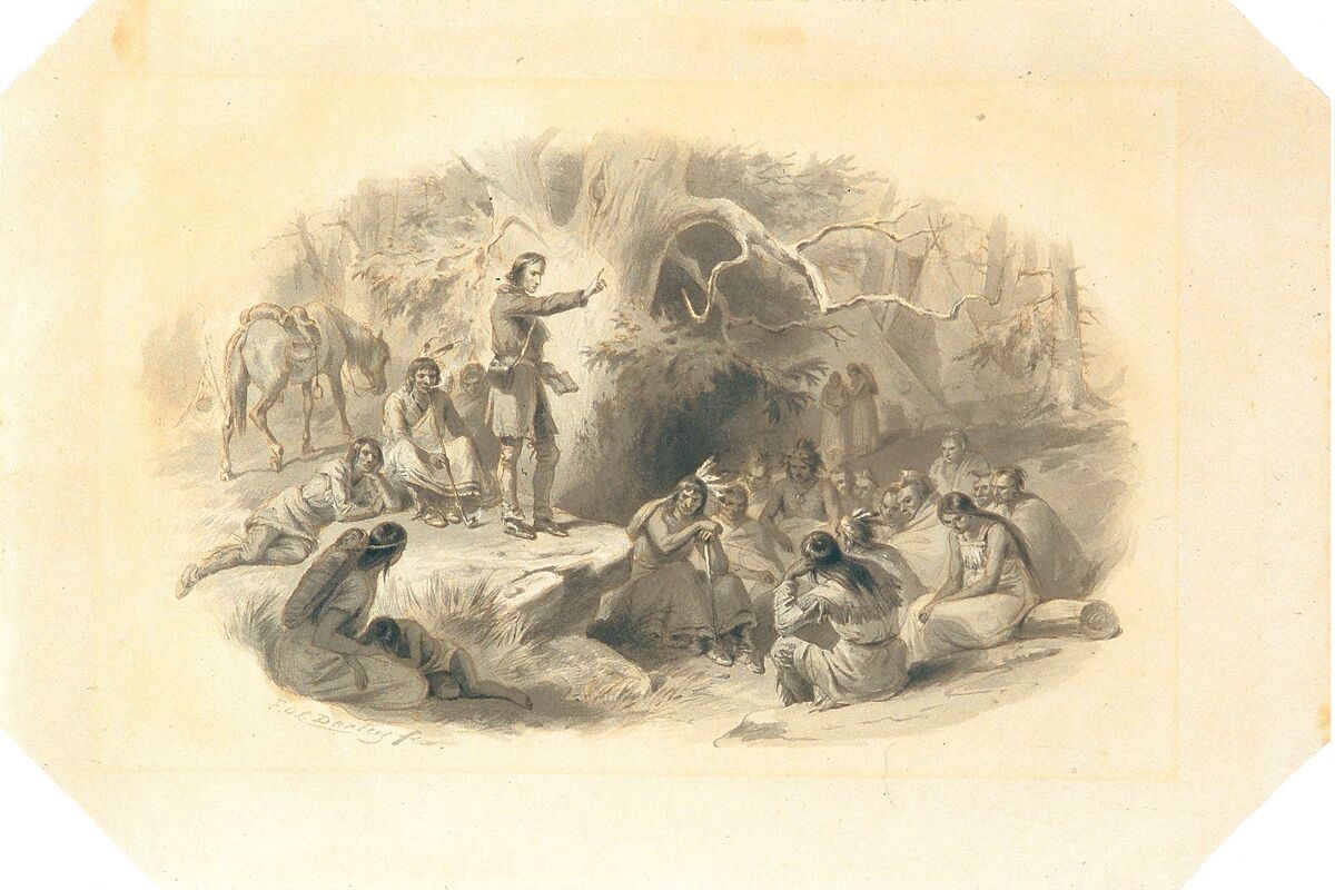John Eliot Preaching to the Indians, Felix Octavius Carr Darley (American, Philadelphia, Pennsylvania 1822–1888 Claymont, Delaware), Ink washes, graphite, gum arabic, and sgraffito on smooth-surfaced off-white wove paper, American 