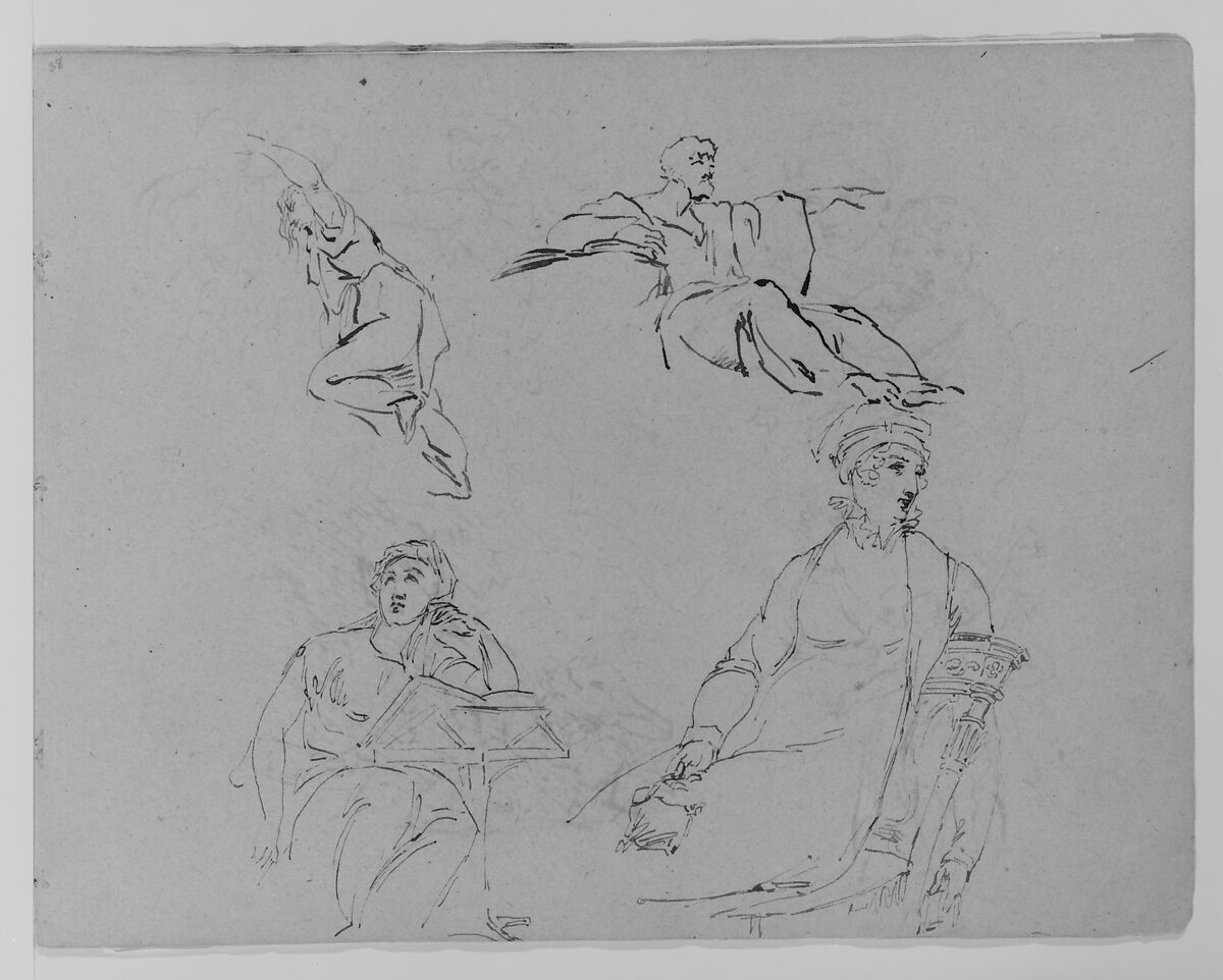 Four Figure Studies (from Sketchbook), Thomas Sully (American, Horncastle, Lincolnshire 1783–1872 Philadelphia, Pennsylvania), Ink, wash, on paper, American 