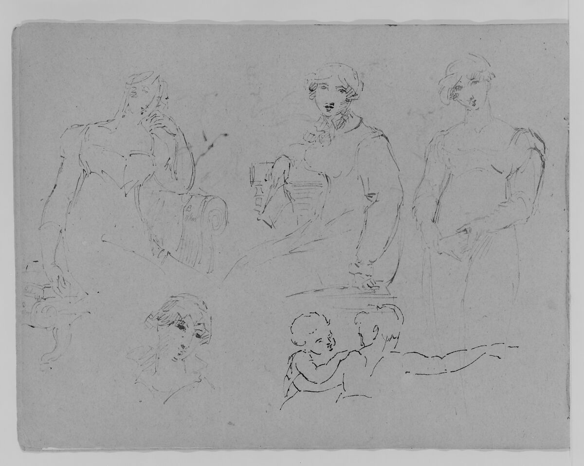 Five Figure Studies (from Sketchbook), Thomas Sully (American, Horncastle, Lincolnshire 1783–1872 Philadelphia, Pennsylvania), Ink, wash, on paper, American 