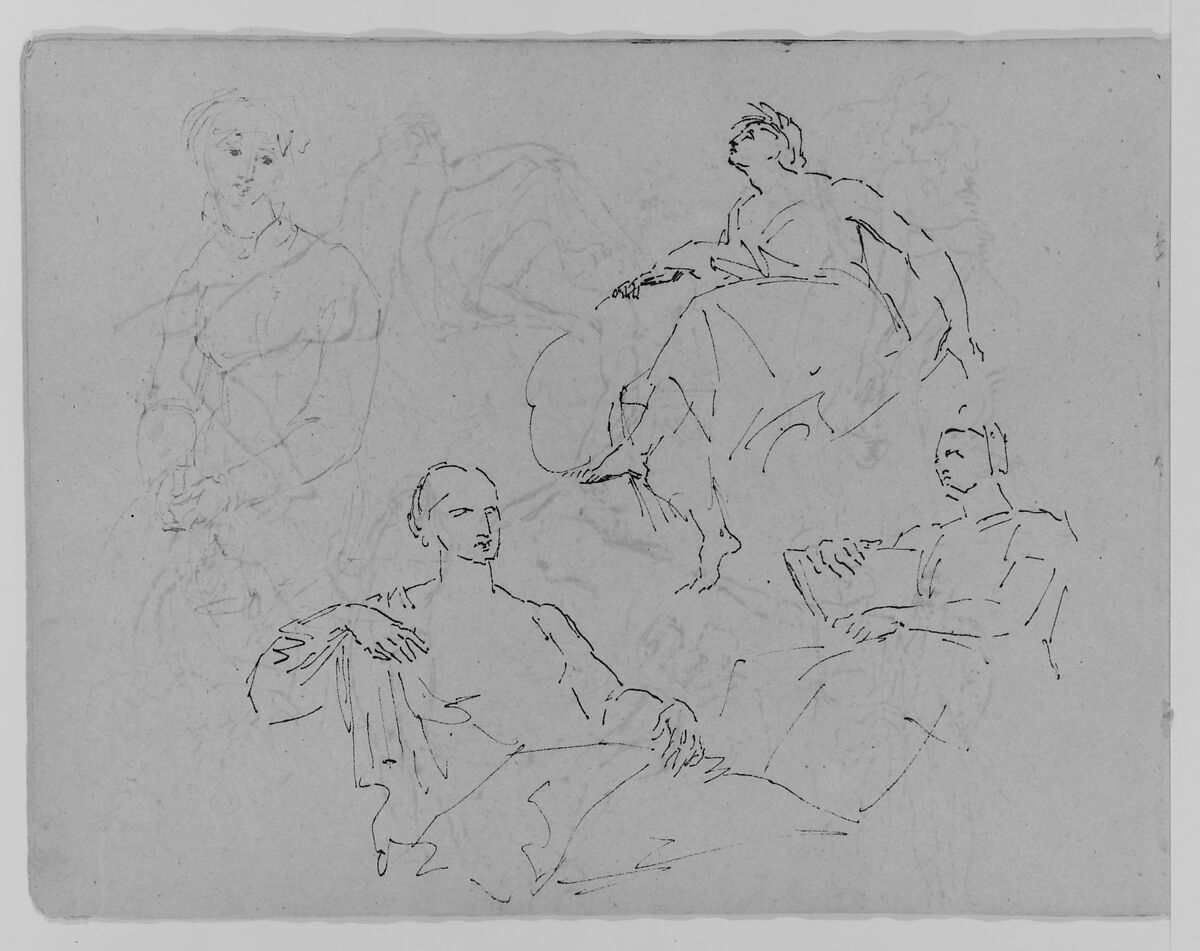 Four Figure Studies (from Sketchbook), Thomas Sully (American, Horncastle, Lincolnshire 1783–1872 Philadelphia, Pennsylvania), Ink, wash, on paper, American 
