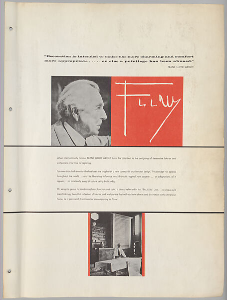 Schumacher's Taliesin Line of Decorative Fabrics and Wallpapers Designed by Frank Lloyd Wright, Frank Lloyd Wright (American, Richland Center, Wisconsin 1867–1959 Phoenix, Arizona), Book (a) together with a conforming masonite authorized dealer sign (b), American