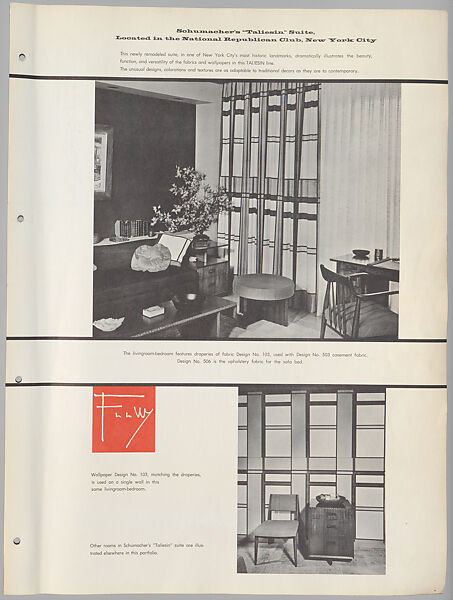 Schumacher's Taliesin Line of Decorative Fabrics and Wallpapers Designed by Frank Lloyd Wright, Frank Lloyd Wright (American, Richland Center, Wisconsin 1867–1959 Phoenix, Arizona), Book (a) together with a conforming masonite authorized dealer sign (b), American