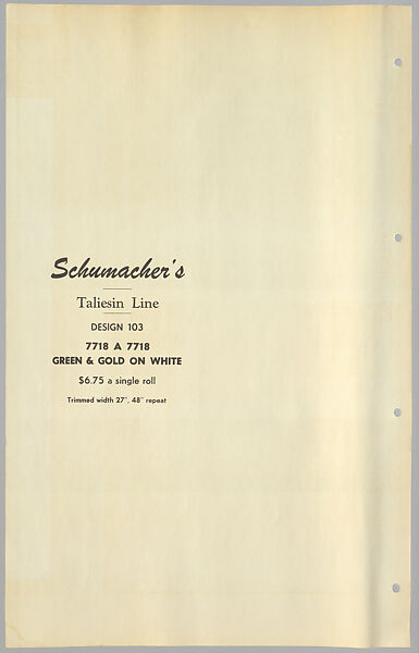 Schumacher's Taliesin Line of Decorative Fabrics and Wallpapers Designed by Frank Lloyd Wright, Frank Lloyd Wright (American, Richland Center, Wisconsin 1867–1959 Phoenix, Arizona), Book (a) together with a conforming masonite authorized dealer sign (b), American