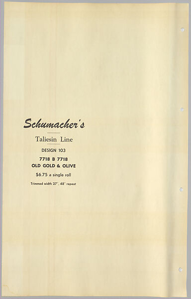 Schumacher's Taliesin Line of Decorative Fabrics and Wallpapers Designed by Frank Lloyd Wright, Frank Lloyd Wright (American, Richland Center, Wisconsin 1867–1959 Phoenix, Arizona), Book (a) together with a conforming masonite authorized dealer sign (b), American