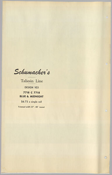 Schumacher's Taliesin Line of Decorative Fabrics and Wallpapers Designed by Frank Lloyd Wright, Frank Lloyd Wright (American, Richland Center, Wisconsin 1867–1959 Phoenix, Arizona), Book (a) together with a conforming masonite authorized dealer sign (b), American