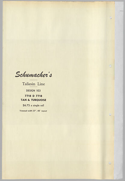 Schumacher's Taliesin Line of Decorative Fabrics and Wallpapers Designed by Frank Lloyd Wright, Frank Lloyd Wright (American, Richland Center, Wisconsin 1867–1959 Phoenix, Arizona), Book (a) together with a conforming masonite authorized dealer sign (b), American