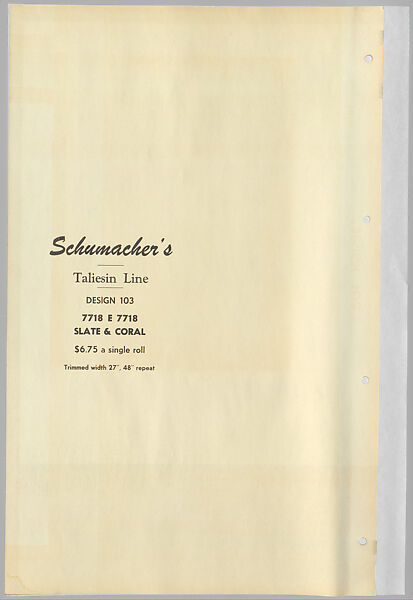 Schumacher's Taliesin Line of Decorative Fabrics and Wallpapers Designed by Frank Lloyd Wright, Frank Lloyd Wright (American, Richland Center, Wisconsin 1867–1959 Phoenix, Arizona), Book (a) together with a conforming masonite authorized dealer sign (b), American