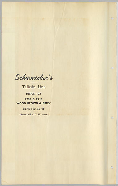 Schumacher's Taliesin Line of Decorative Fabrics and Wallpapers Designed by Frank Lloyd Wright, Frank Lloyd Wright (American, Richland Center, Wisconsin 1867–1959 Phoenix, Arizona), Book (a) together with a conforming masonite authorized dealer sign (b), American