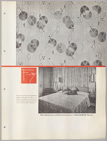 Schumacher's Taliesin Line of Decorative Fabrics and Wallpapers Designed by Frank Lloyd Wright, Frank Lloyd Wright (American, Richland Center, Wisconsin 1867–1959 Phoenix, Arizona), Book (a) together with a conforming masonite authorized dealer sign (b), American