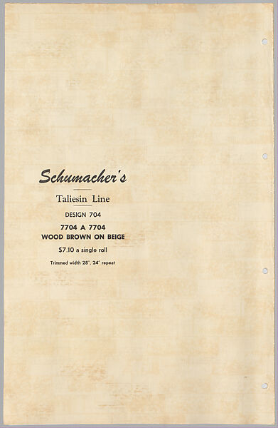 Schumacher's Taliesin Line of Decorative Fabrics and Wallpapers Designed by Frank Lloyd Wright, Frank Lloyd Wright (American, Richland Center, Wisconsin 1867–1959 Phoenix, Arizona), Book (a) together with a conforming masonite authorized dealer sign (b), American