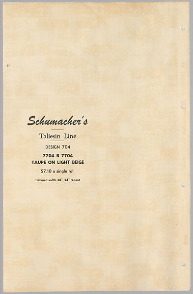 Schumacher's Taliesin Line of Decorative Fabrics and Wallpapers Designed by Frank Lloyd Wright, Frank Lloyd Wright (American, Richland Center, Wisconsin 1867–1959 Phoenix, Arizona), Book (a) together with a conforming masonite authorized dealer sign (b), American