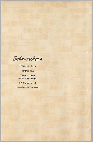Schumacher's Taliesin Line of Decorative Fabrics and Wallpapers Designed by Frank Lloyd Wright, Frank Lloyd Wright (American, Richland Center, Wisconsin 1867–1959 Phoenix, Arizona), Book (a) together with a conforming masonite authorized dealer sign (b), American