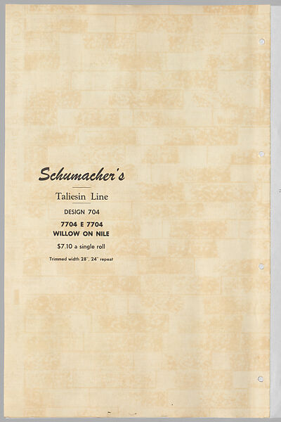 Schumacher's Taliesin Line of Decorative Fabrics and Wallpapers Designed by Frank Lloyd Wright, Frank Lloyd Wright (American, Richland Center, Wisconsin 1867–1959 Phoenix, Arizona), Book (a) together with a conforming masonite authorized dealer sign (b), American