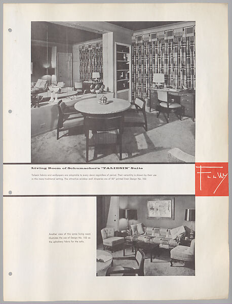 Schumacher's Taliesin Line of Decorative Fabrics and Wallpapers Designed by Frank Lloyd Wright, Frank Lloyd Wright (American, Richland Center, Wisconsin 1867–1959 Phoenix, Arizona), Book (a) together with a conforming masonite authorized dealer sign (b), American