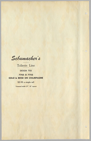 Schumacher's Taliesin Line of Decorative Fabrics and Wallpapers Designed by Frank Lloyd Wright, Frank Lloyd Wright (American, Richland Center, Wisconsin 1867–1959 Phoenix, Arizona), Book (a) together with a conforming masonite authorized dealer sign (b), American