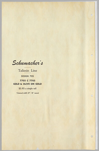 Schumacher's Taliesin Line of Decorative Fabrics and Wallpapers Designed by Frank Lloyd Wright, Frank Lloyd Wright (American, Richland Center, Wisconsin 1867–1959 Phoenix, Arizona), Book (a) together with a conforming masonite authorized dealer sign (b), American