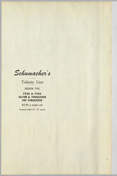 Schumacher's Taliesin Line of Decorative Fabrics and Wallpapers Designed by Frank Lloyd Wright, Frank Lloyd Wright (American, Richland Center, Wisconsin 1867–1959 Phoenix, Arizona), Book (a) together with a conforming masonite authorized dealer sign (b), American