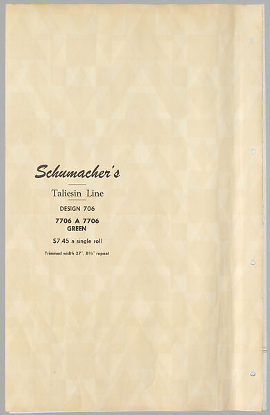 Schumacher's Taliesin Line of Decorative Fabrics and Wallpapers Designed by Frank Lloyd Wright, Frank Lloyd Wright (American, Richland Center, Wisconsin 1867–1959 Phoenix, Arizona), Book (a) together with a conforming masonite authorized dealer sign (b), American