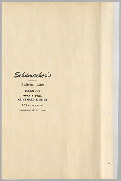 Schumacher's Taliesin Line of Decorative Fabrics and Wallpapers Designed by Frank Lloyd Wright, Frank Lloyd Wright (American, Richland Center, Wisconsin 1867–1959 Phoenix, Arizona), Book (a) together with a conforming masonite authorized dealer sign (b), American