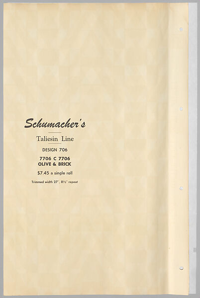 Schumacher's Taliesin Line of Decorative Fabrics and Wallpapers Designed by Frank Lloyd Wright, Frank Lloyd Wright (American, Richland Center, Wisconsin 1867–1959 Phoenix, Arizona), Book (a) together with a conforming masonite authorized dealer sign (b), American