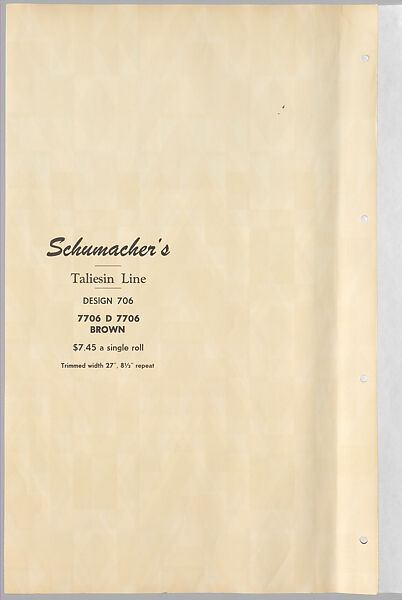 Schumacher's Taliesin Line of Decorative Fabrics and Wallpapers Designed by Frank Lloyd Wright, Frank Lloyd Wright (American, Richland Center, Wisconsin 1867–1959 Phoenix, Arizona), Book (a) together with a conforming masonite authorized dealer sign (b), American