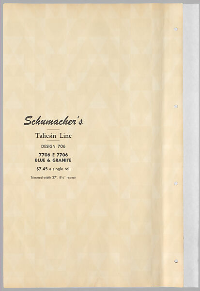 Schumacher's Taliesin Line of Decorative Fabrics and Wallpapers Designed by Frank Lloyd Wright, Frank Lloyd Wright (American, Richland Center, Wisconsin 1867–1959 Phoenix, Arizona), Book (a) together with a conforming masonite authorized dealer sign (b), American